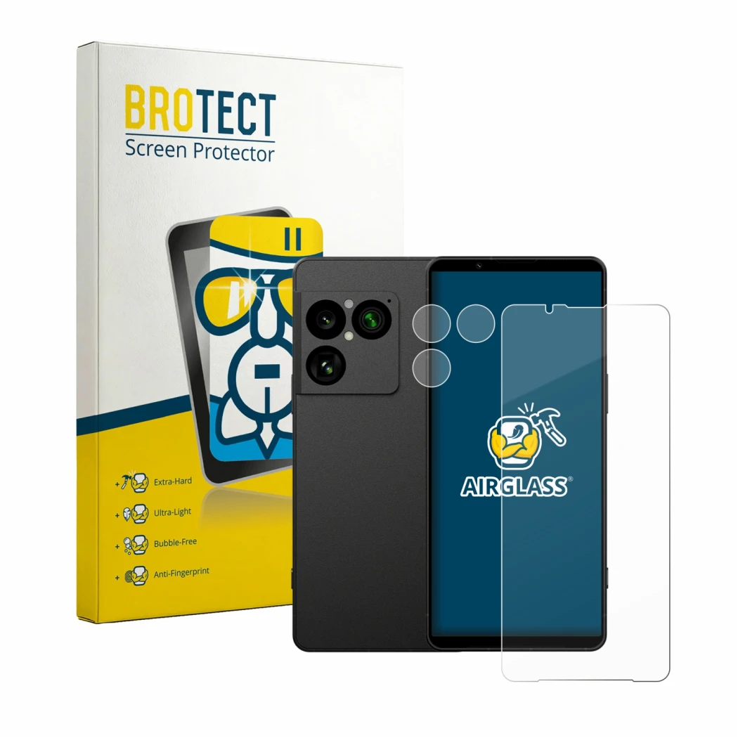 Front side of a product packaging with the brand logo BROTECT. Next to it is the device Sony Xperia 1 VIII (Front+Camera) show