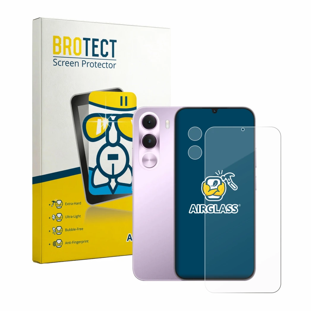 Front side of a product packaging with the brand logo BROTECT. Next to it is the device realme C100i (Front+Camera) shown with