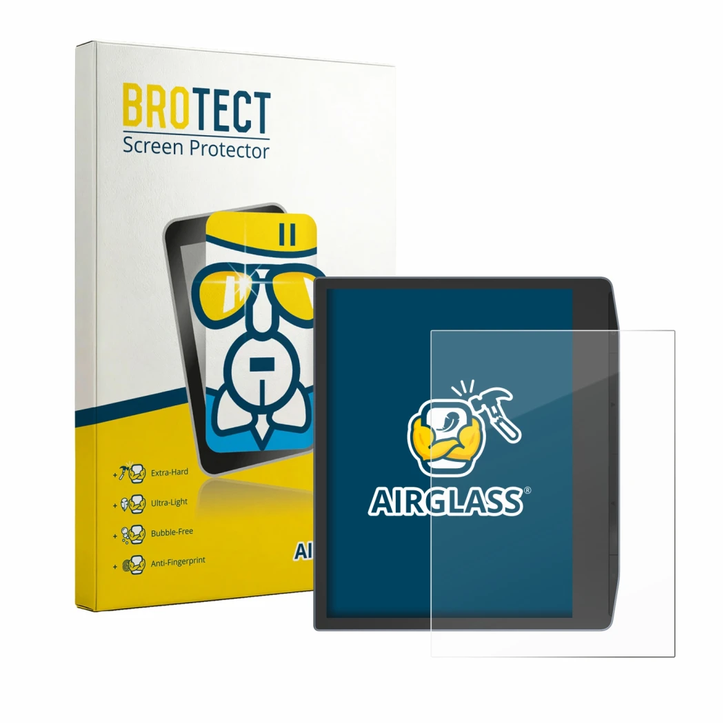 Front side of a product packaging with the brand logo BROTECT. Next to it is the device PocketBook Era Lite shown with the cor