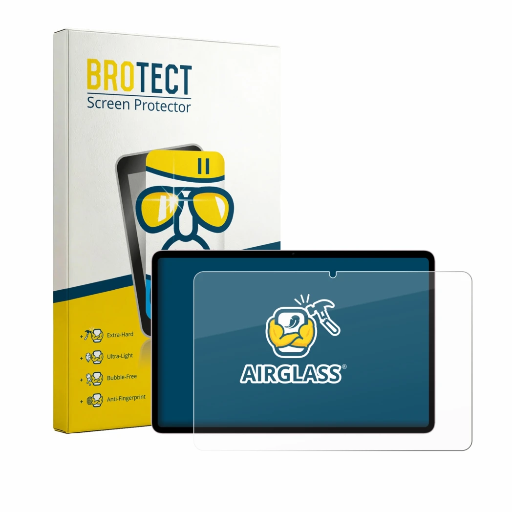 Front side of a product packaging with the brand logo BROTECT. Next to it is the device Honor Pad 20 shown with the correspond