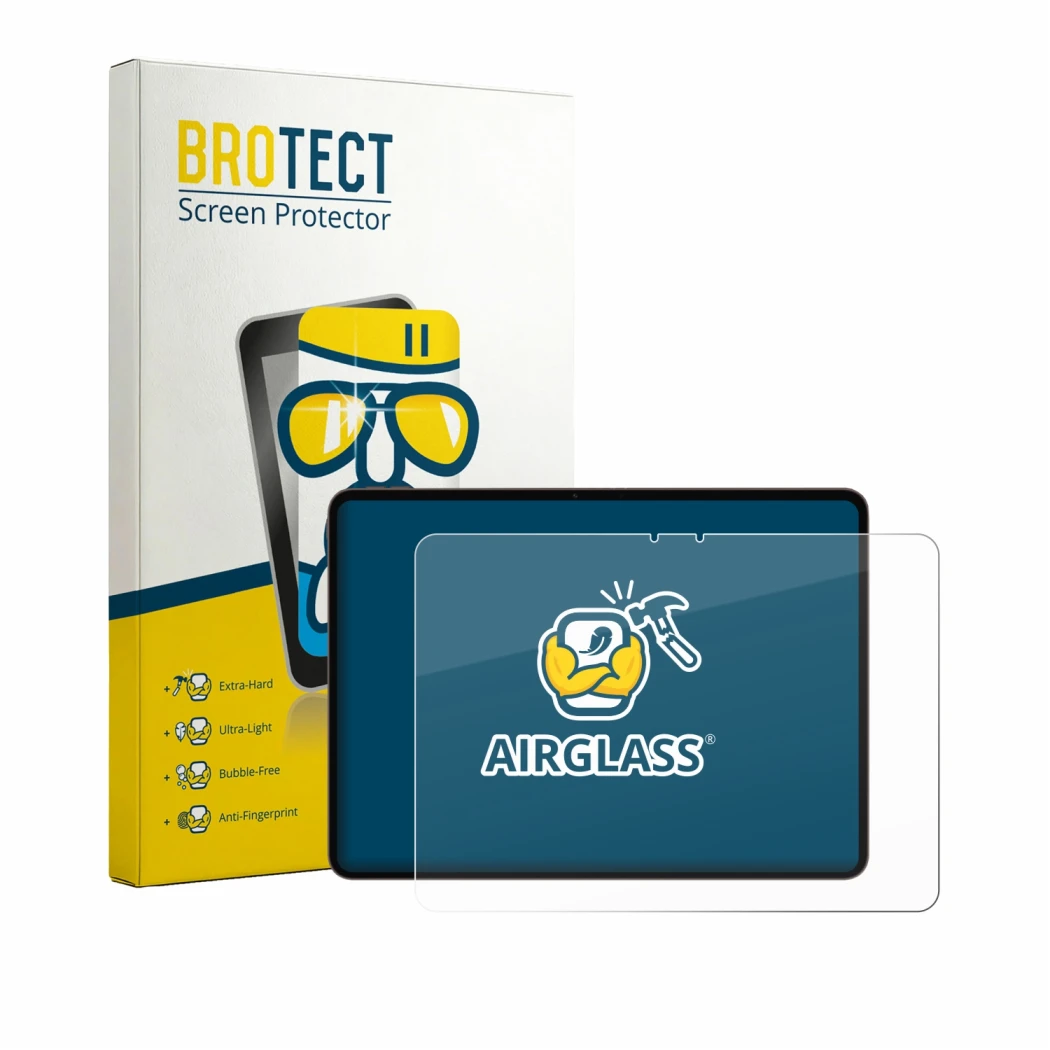 Front side of a product packaging with the brand logo BROTECT. Next to it is the device Oppo Pad 5 Pro shown with the correspo