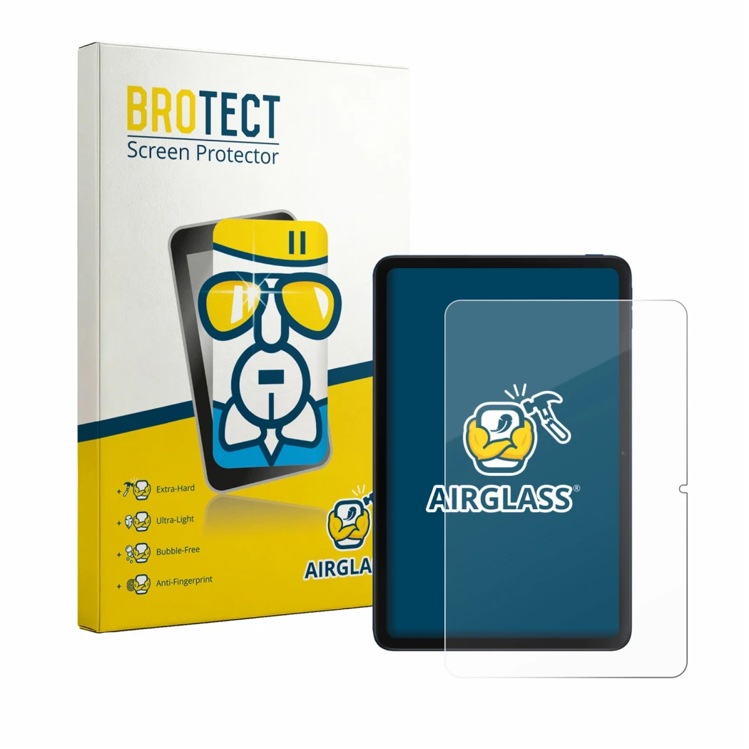 Front side of a product packaging with the brand logo BROTECT. Next to it is the device Xiaomi Poco Pad C1 shown with the corr