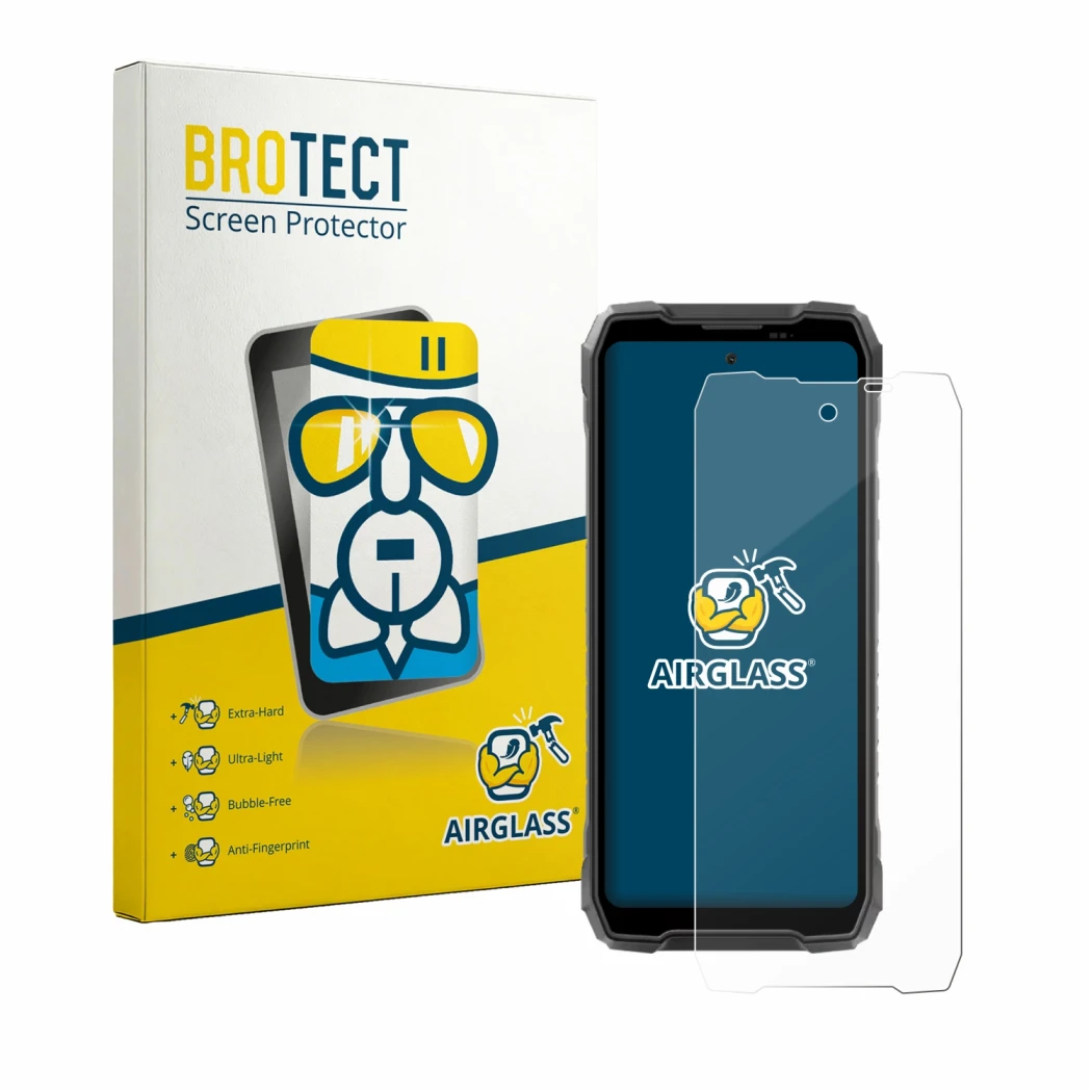 Front side of a product packaging with the brand logo BROTECT. Next to it is the device Blackview Rock 5 shown with the corres