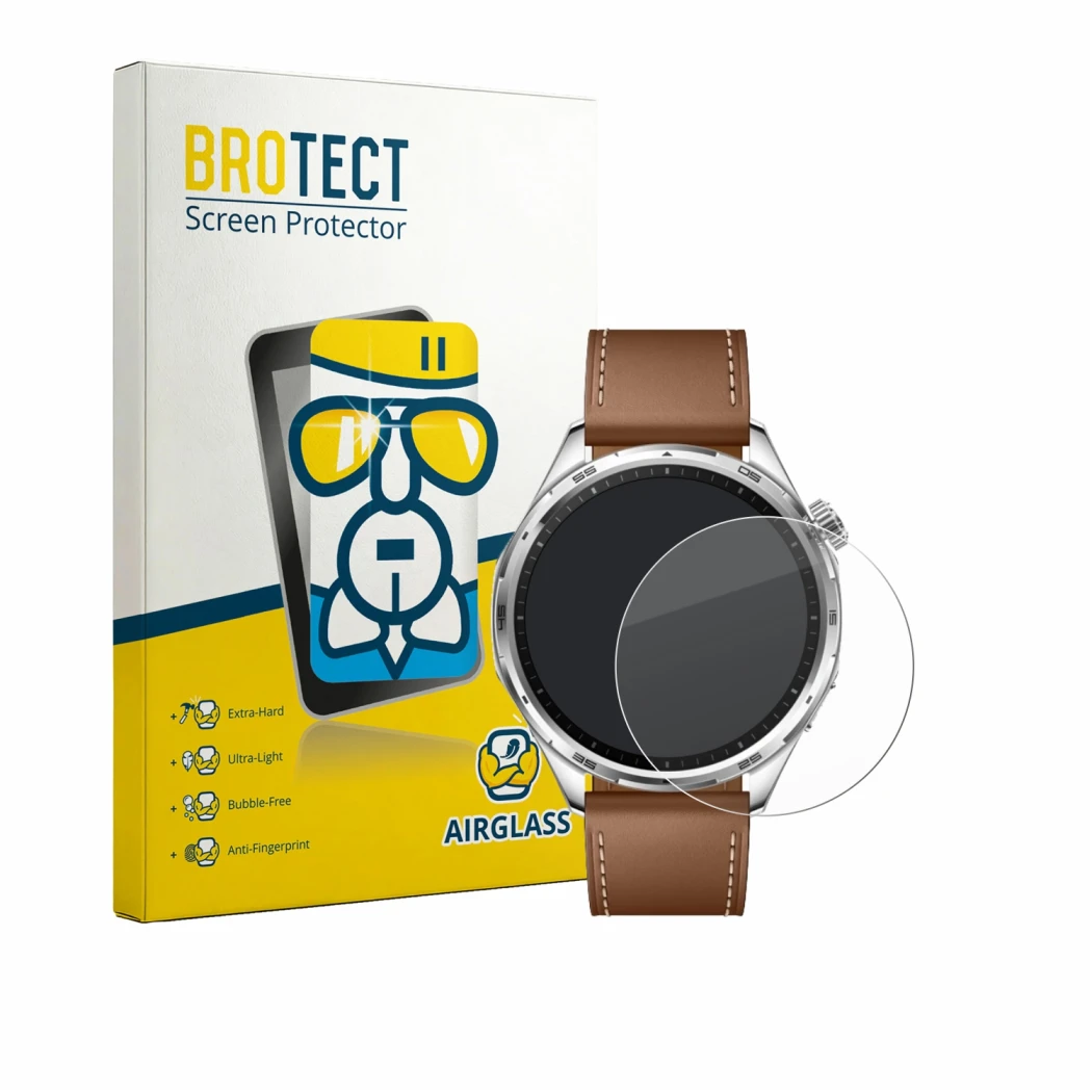 Front side of a product packaging with the brand logo BROTECT. Next to it is the device Honor Watch 6 shown with the correspon