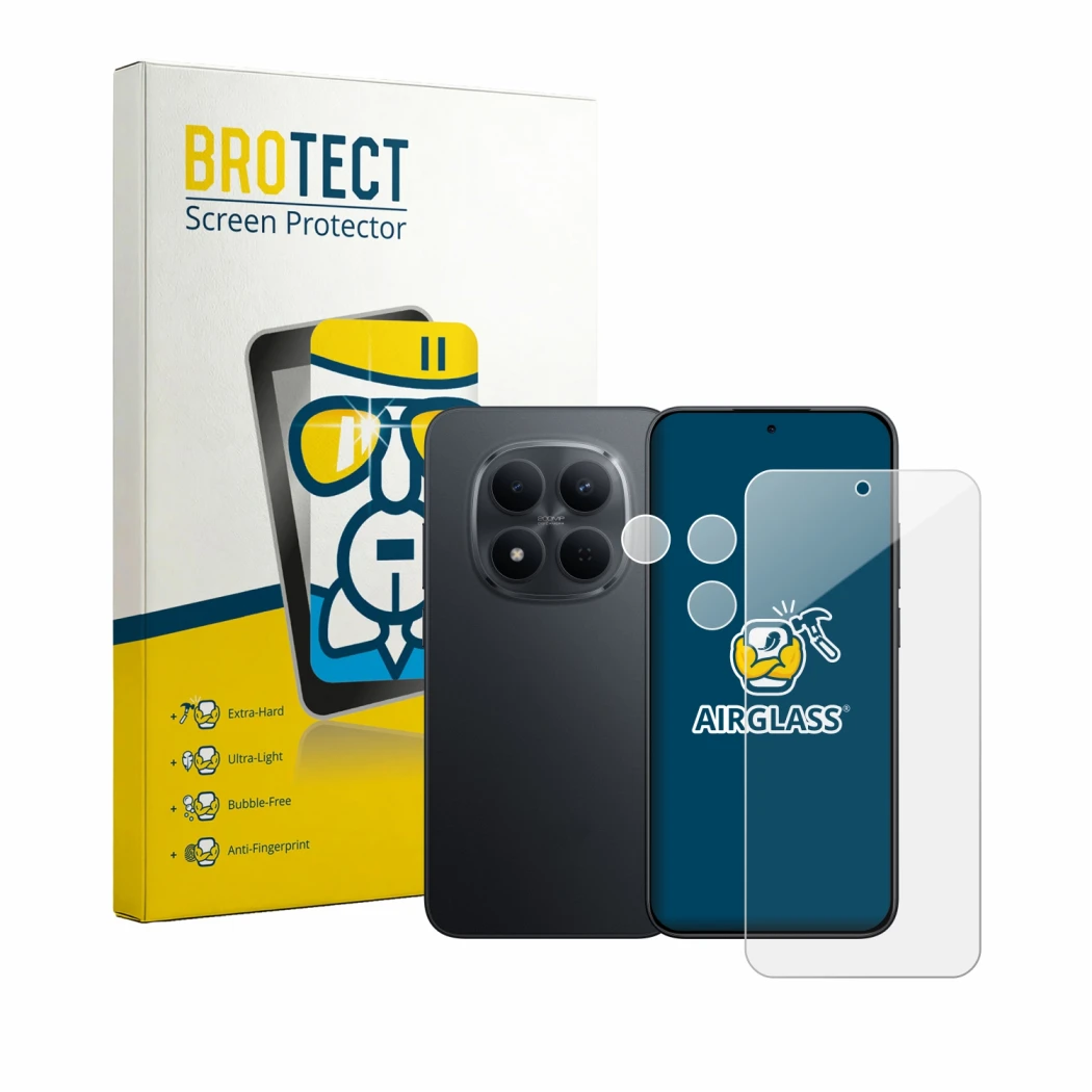 Front side of a product packaging with the brand logo BROTECT. Next to it is the device Xiaomi Redmi Note 15 Pro 5G (Front+Cam