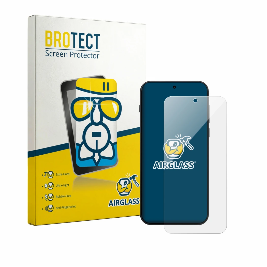 Front side of a product packaging with the brand logo BROTECT. Next to it is the device OnePlus N6 shown with the correspondin