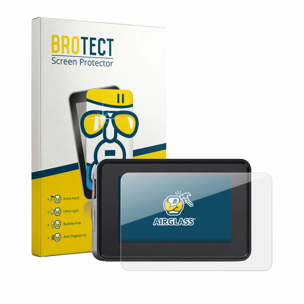Front side of a product packaging with the brand logo BROTECT. Next to it is the device Vantrue Element 2 shown with the corre