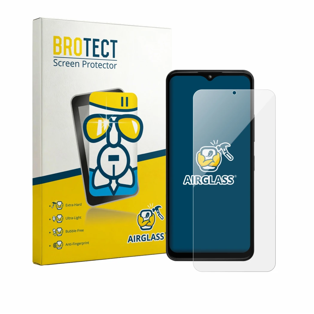 Front side of a product packaging with the brand logo BROTECT. Next to it is the device HMD Arc shown with the corresponding s