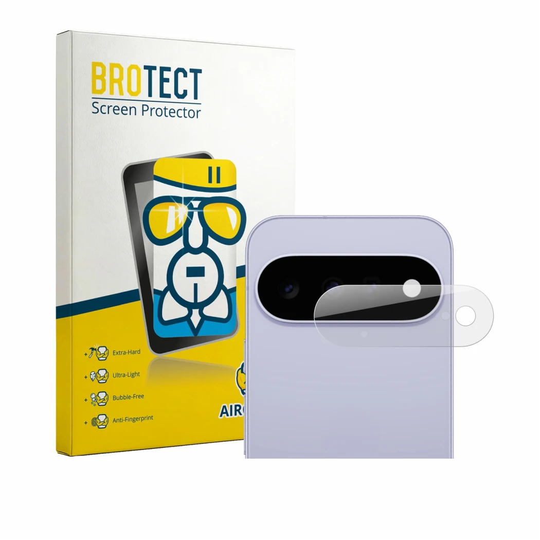 Front side of a product packaging with the brand logo BROTECT. Next to it is the device Google Pixel 11 (ONLY Camera Lens) sho