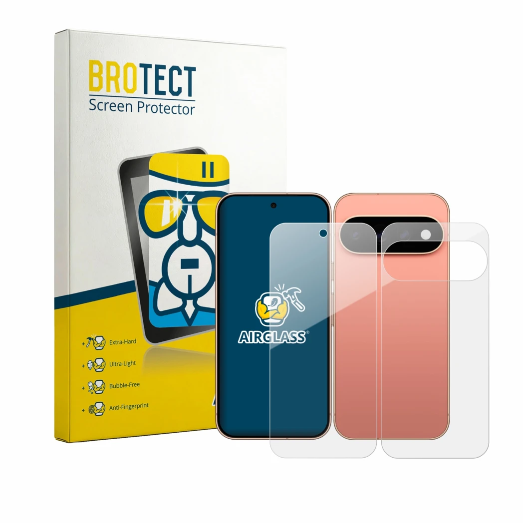 Front side of a product packaging with the brand logo BROTECT. Next to it is the device Google Pixel 11 Pro (Front+Back) shown