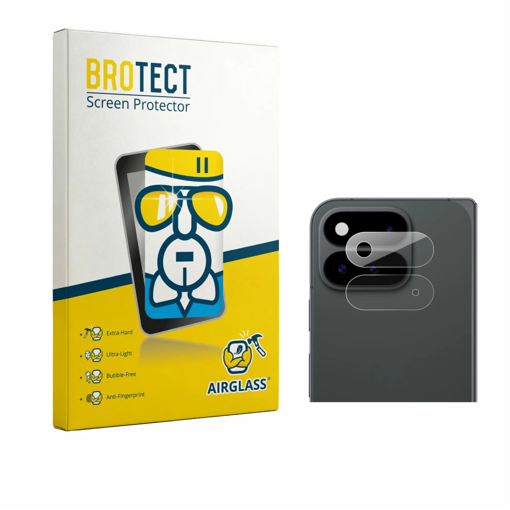 Front side of a product packaging with the brand logo BROTECT. Next to it is the device Google Pixel 11 Pro Fold (ONLY Camera