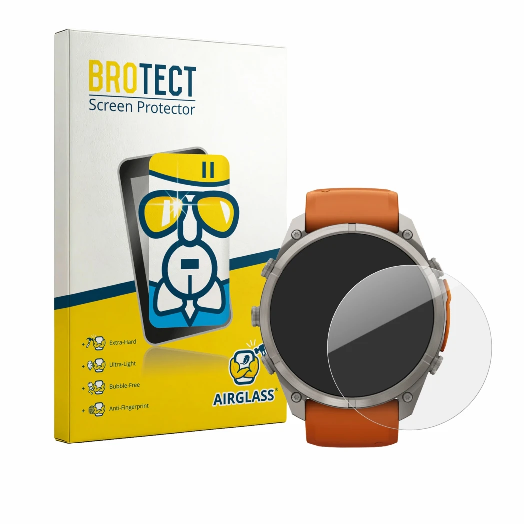 Front side of a product packaging with the brand logo BROTECT. Next to it is the device Garmin Fenix 9 Pro (51 mm) shown with 