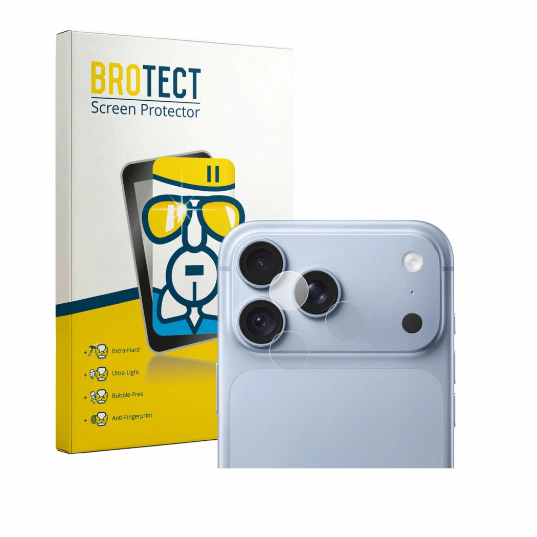 Front side of a product packaging with the brand logo BROTECT. Next to it is the device Apple iPhone 18 Pro Max (ONLY Camera L
