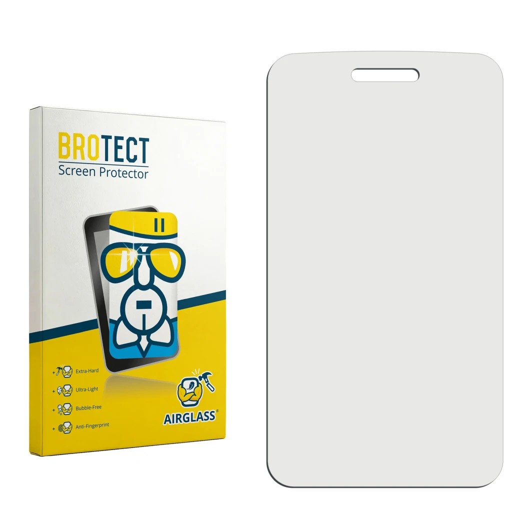 Front side of a product packaging with the brand logo BROTECT. Next to it is the corresponding screen protector.