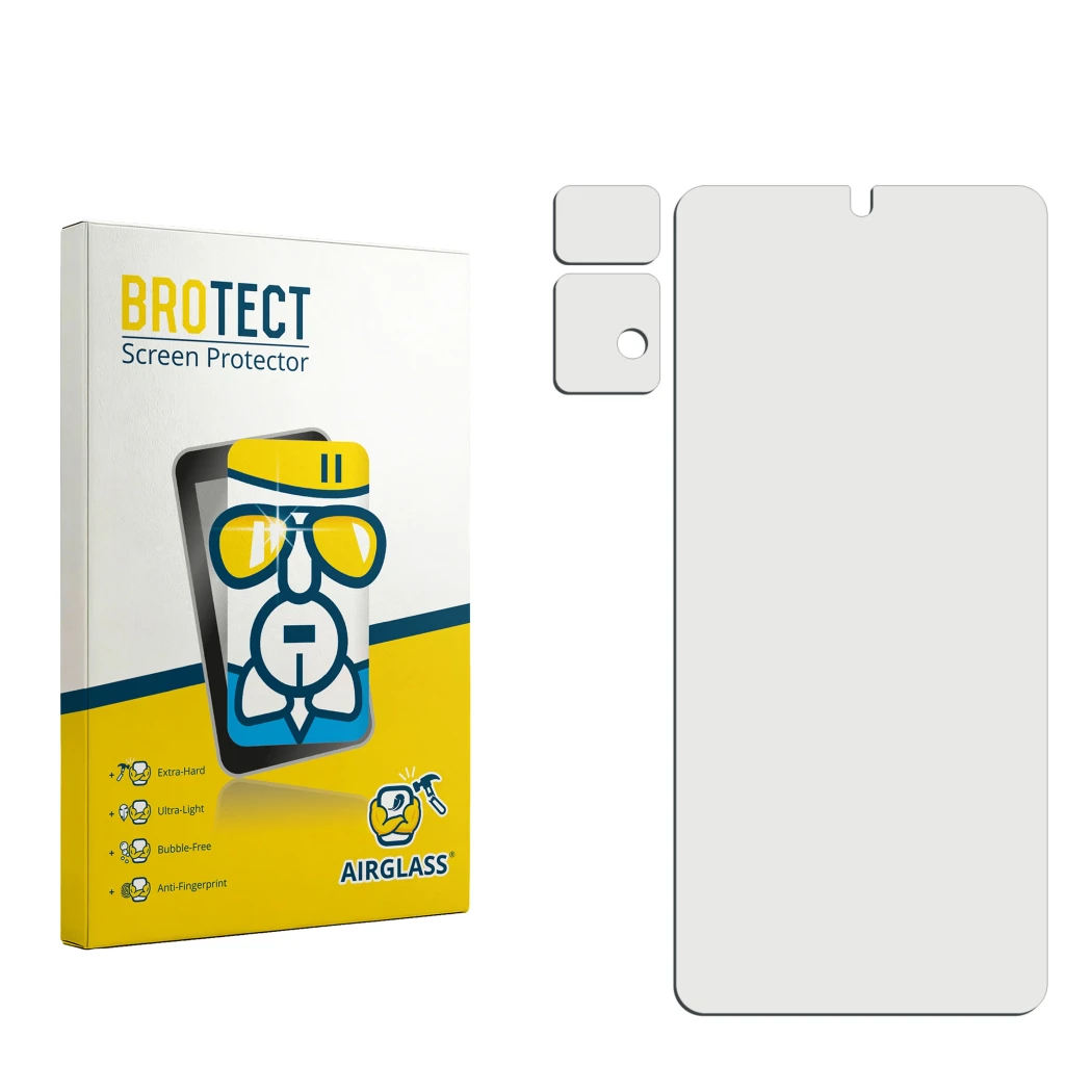 Front side of a product packaging with the brand logo BROTECT. Next to it is the corresponding screen protector.