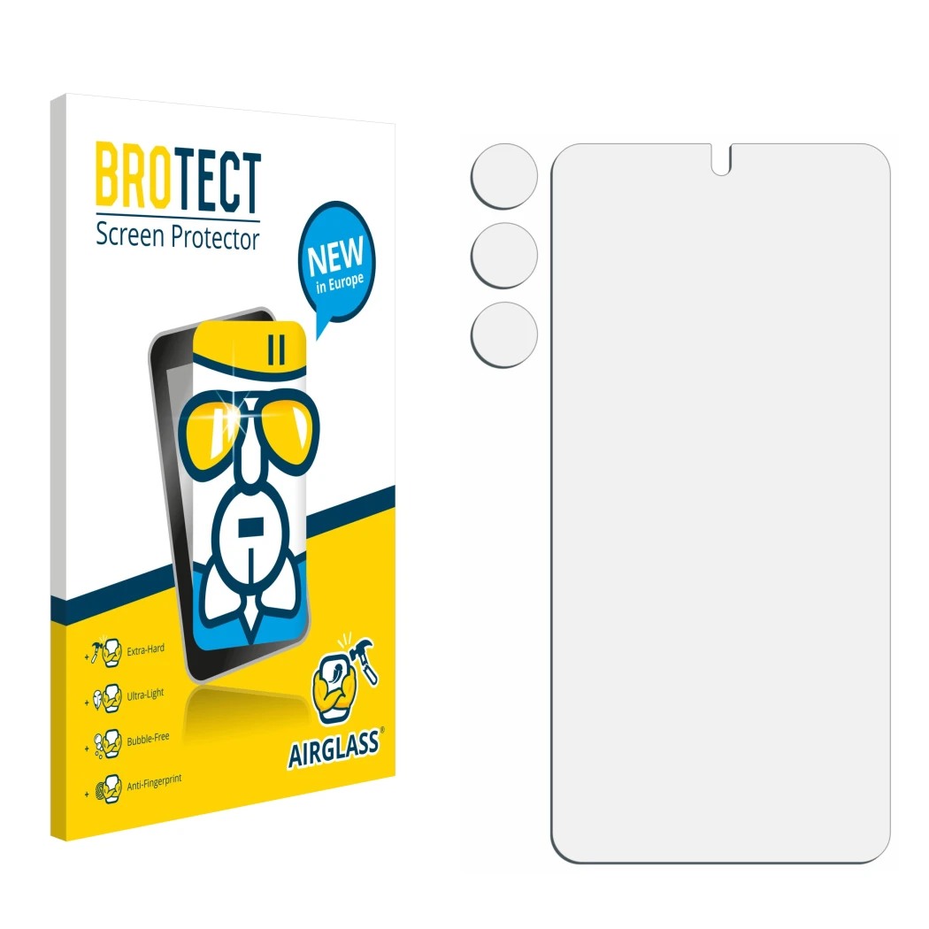 Front side of a product packaging with the brand logo BROTECT. Next to it is the corresponding screen protector.