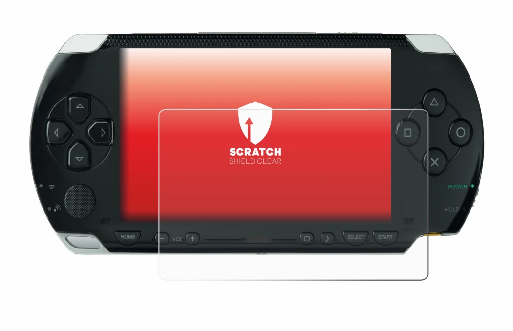 Image of the device Sony PSP 1000 with a wide variety of screen protectors.