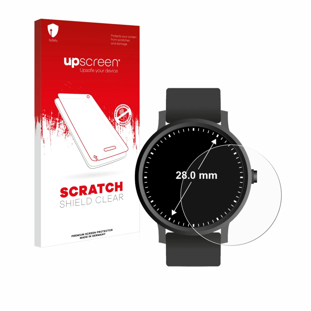 Front side of a product packaging with the brand logo upscreen. Next to it is the device Watches (Circular, ø: 28 mm) shown wi