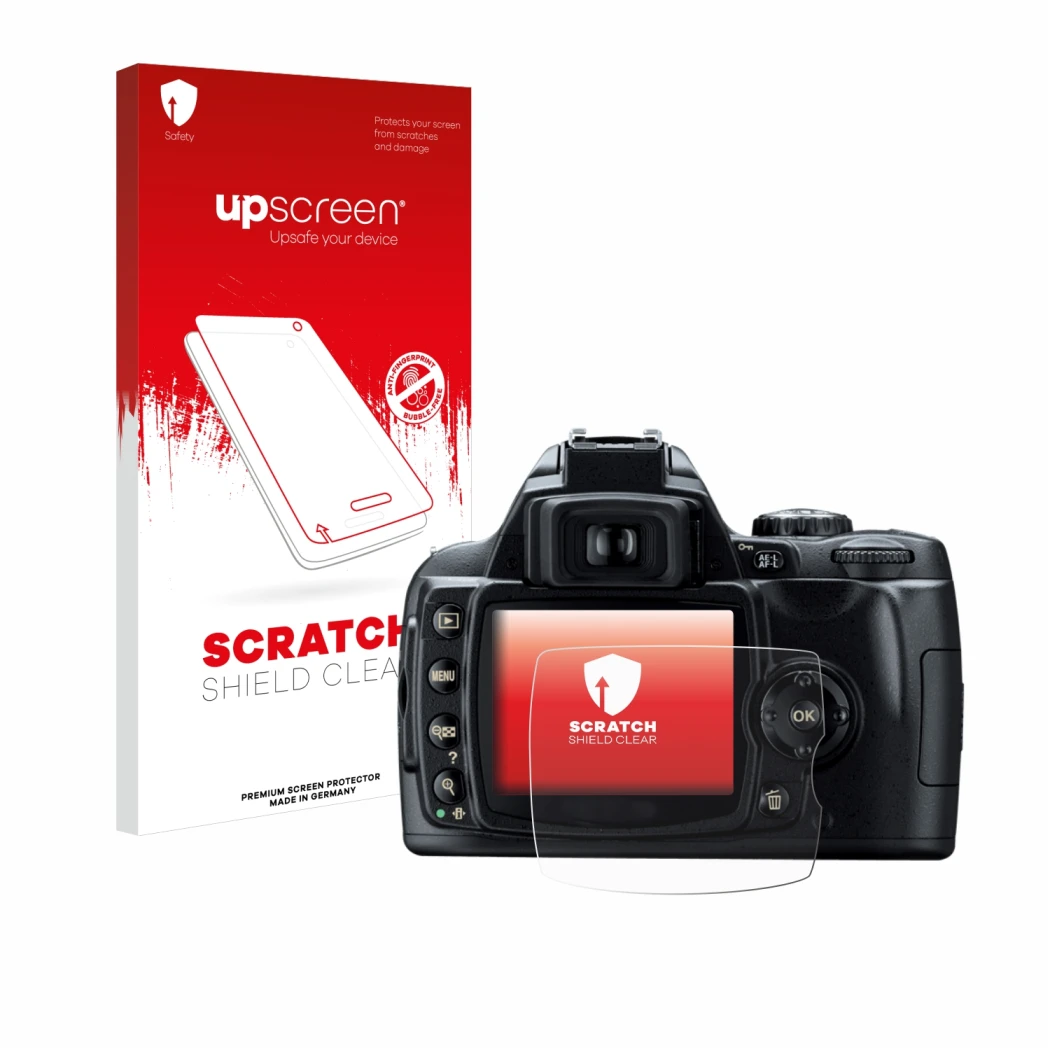 Front side of a product packaging with the brand logo upscreen. Next to it is the device Nikon D40 shown with the correspondin