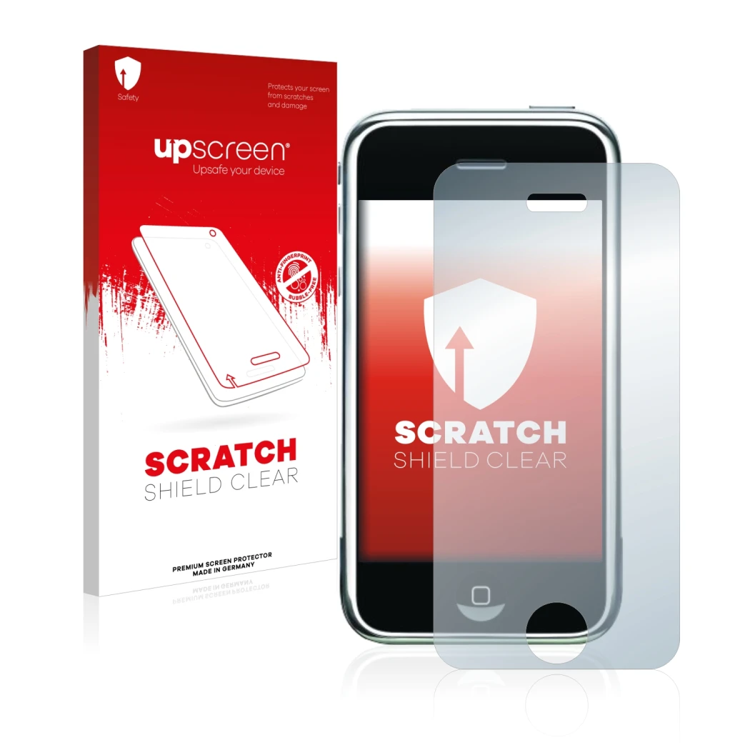 Front side of a product packaging with the brand logo upscreen. Next to it is the device Apple iPhone 2G shown with the corres