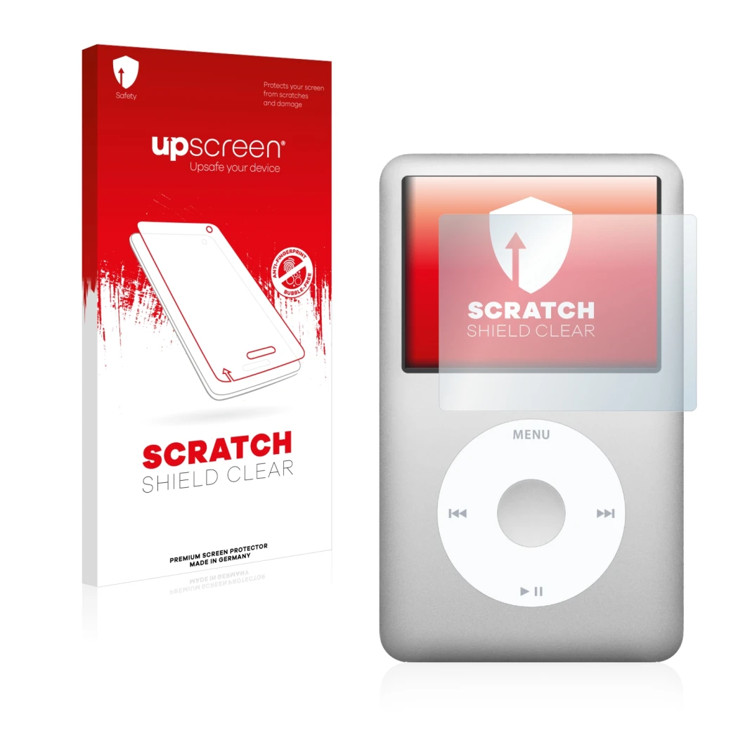 Front side of a product packaging with the brand logo upscreen. Next to it is the device Apple iPod Classic (6th. Gen.) shown 