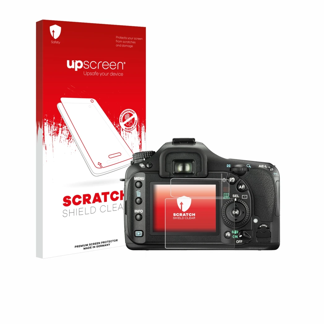 Front side of a product packaging with the brand logo upscreen. Next to it is the device Pentax K20D shown with the correspond