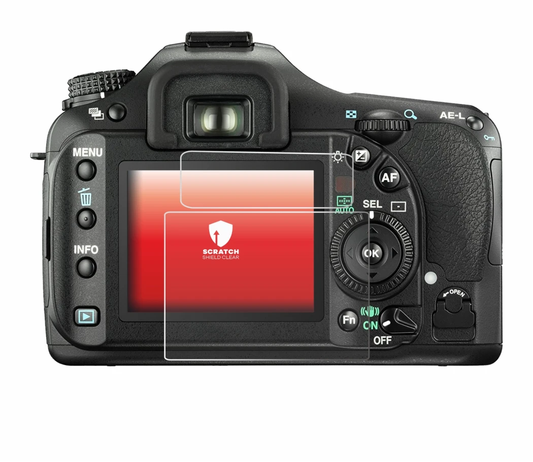 Image of the device Pentax K20D with a wide variety of screen protectors.