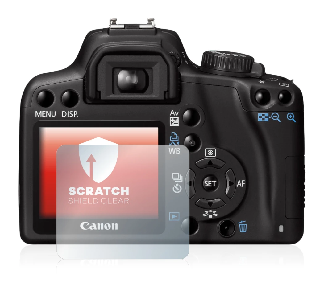 Image of the device Canon EOS 1000D with a wide variety of screen protectors.