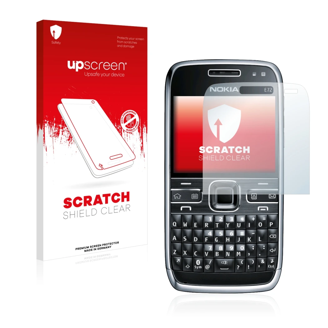 Front side of a product packaging with the brand logo upscreen. Next to it is the device Nokia E72 shown with the correspondin