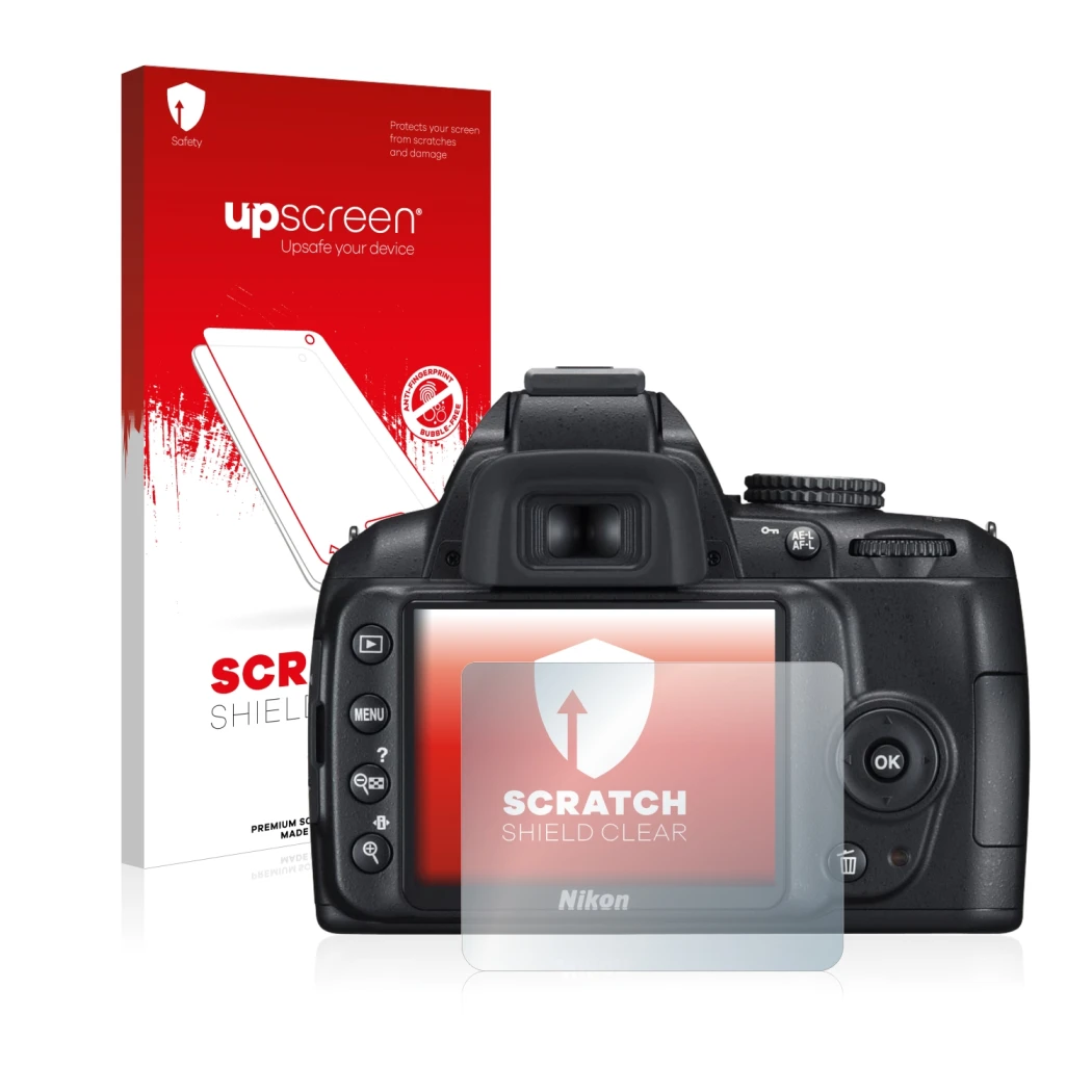 Front side of a product packaging with the brand logo upscreen. Next to it is the device Nikon D3000 shown with the correspond