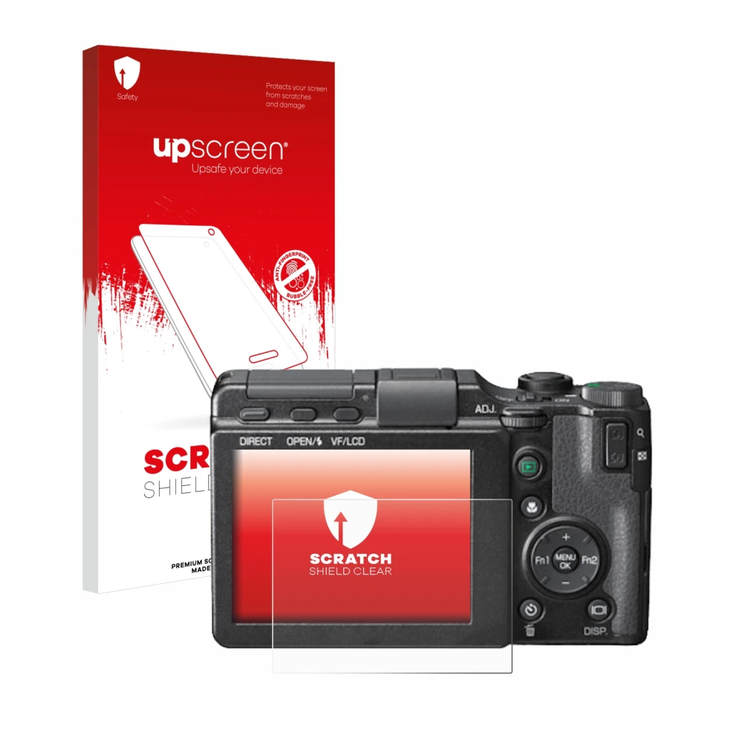 Front side of a product packaging with the brand logo upscreen. Next to it is the device Ricoh GXR shown with the correspondin
