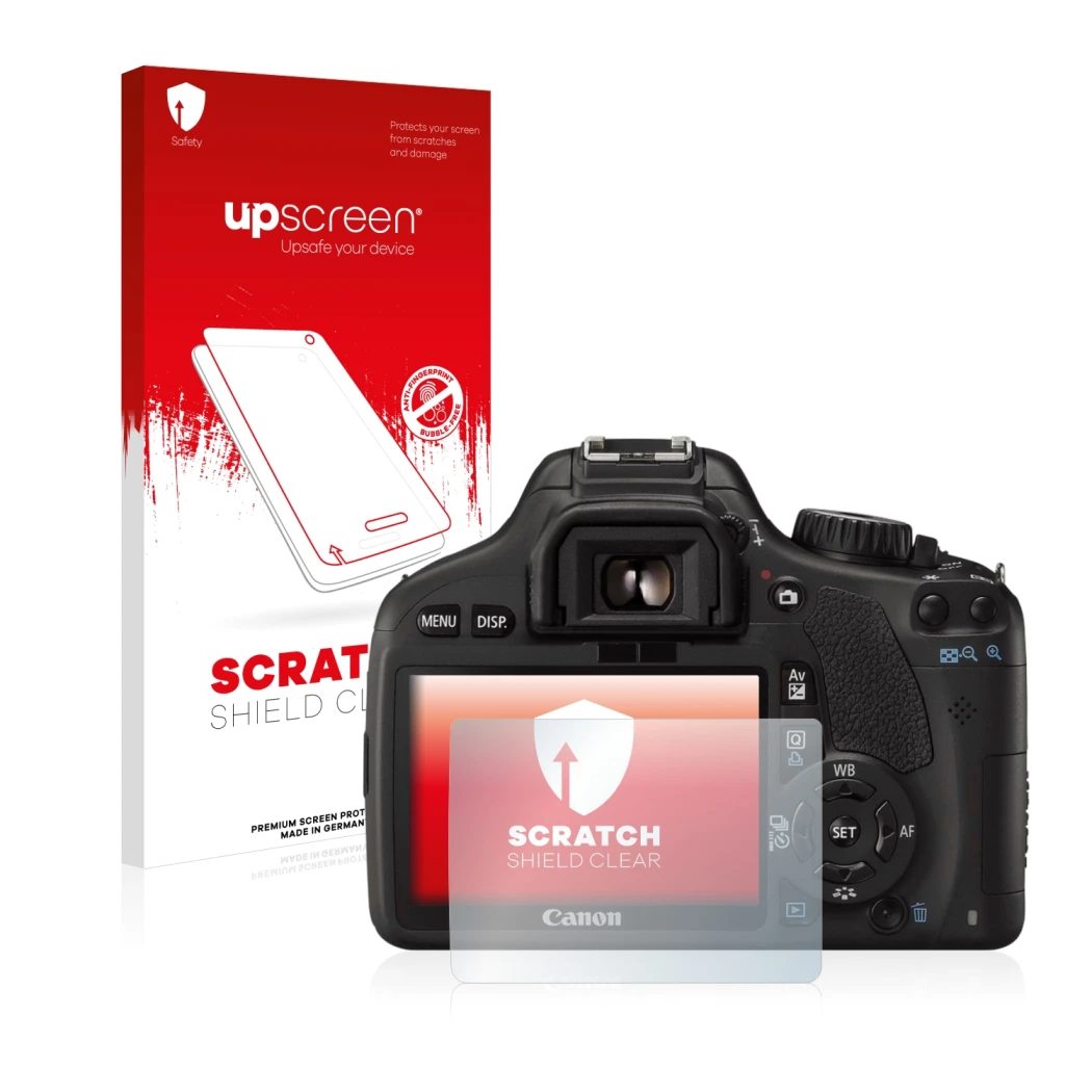 Front side of a product packaging with the brand logo upscreen. Next to it is the device Canon EOS 550D shown with the corresp