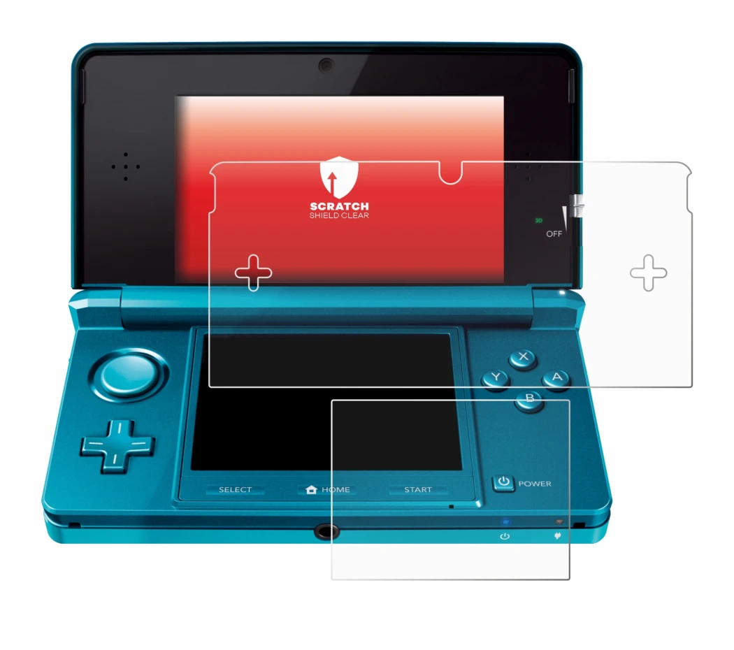 Image of the device Nintendo 3DS with a wide variety of screen protectors.