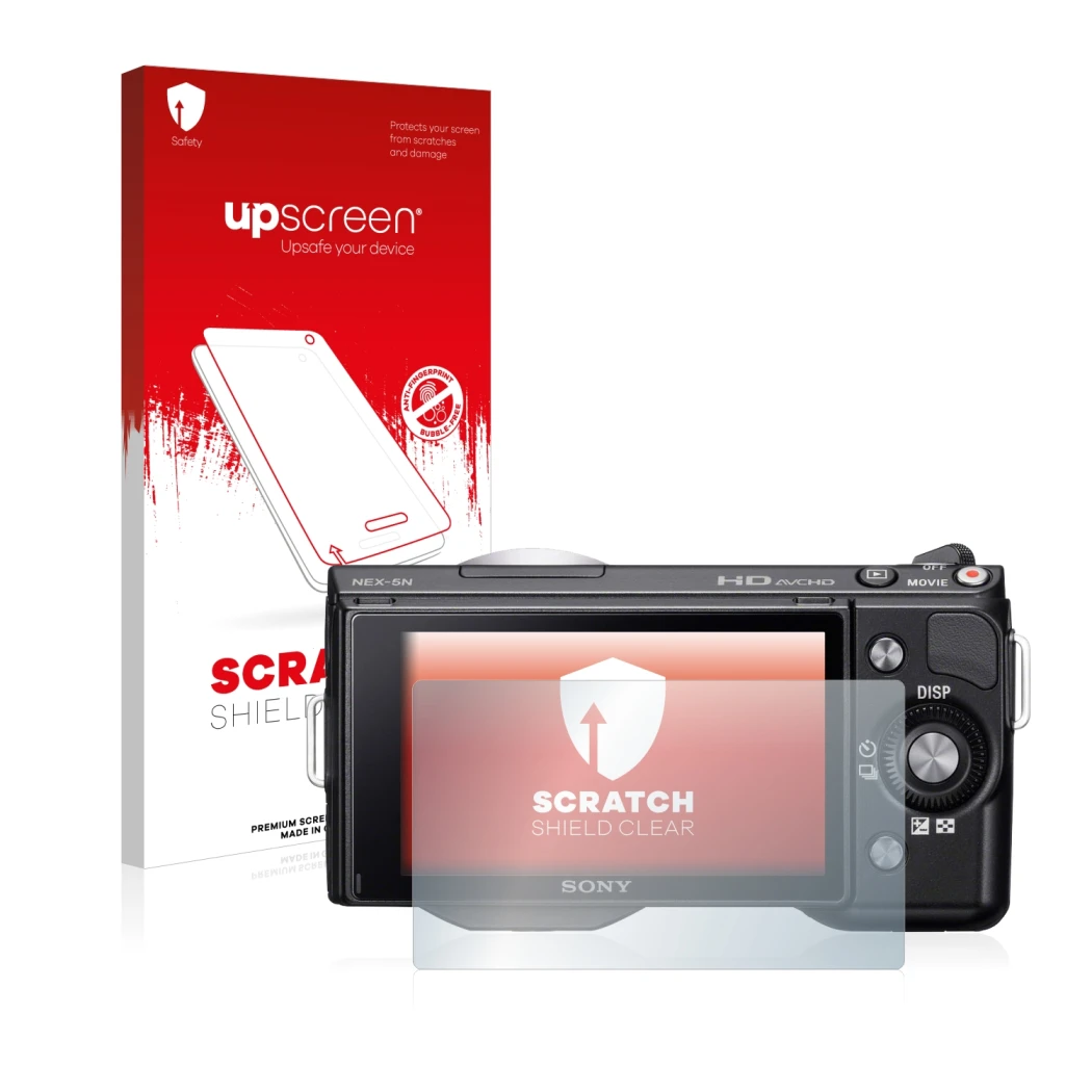Front side of a product packaging with the brand logo upscreen. Next to it is the device Sony Alpha NEX-5N shown with the corr