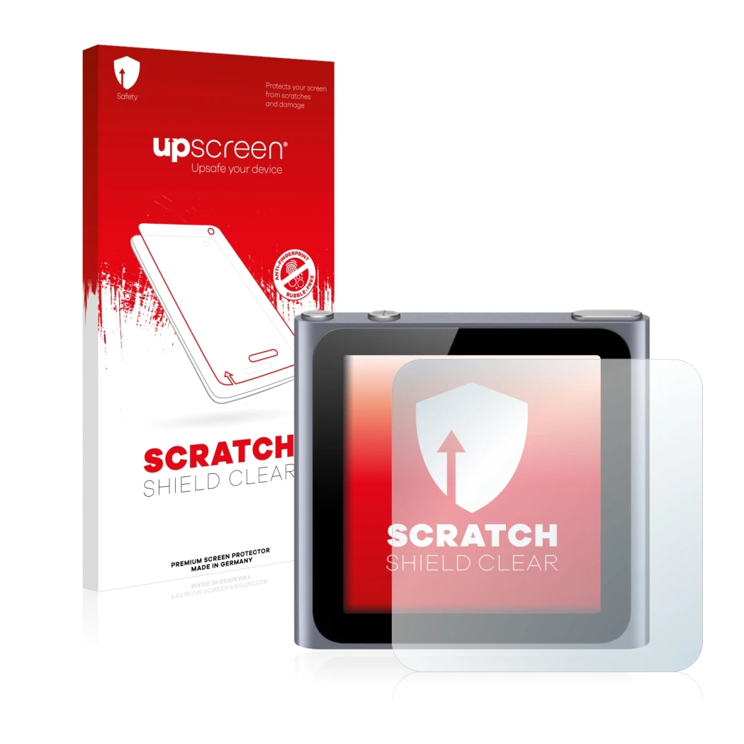 Front side of a product packaging with the brand logo upscreen. Next to it is the device Apple iPod nano 2011 (6th. Gen.) show