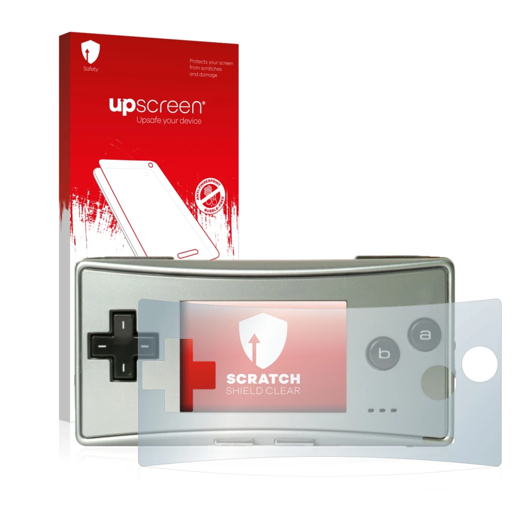 Front side of a product packaging with the brand logo upscreen. Next to it is the device Nintendo Gameboy Micro shown with the