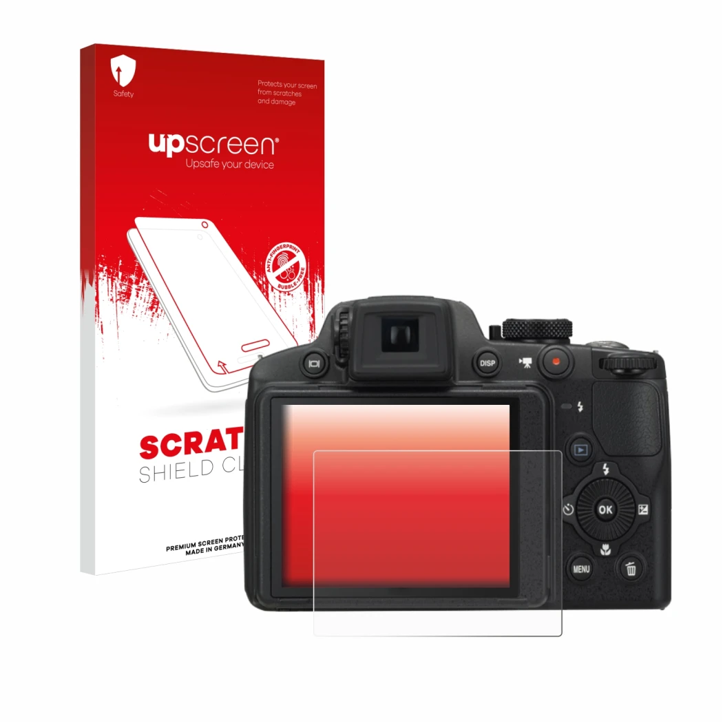 Front side of a product packaging with the brand logo upscreen. Next to it is the device Nikon Coolpix P510 shown with the cor