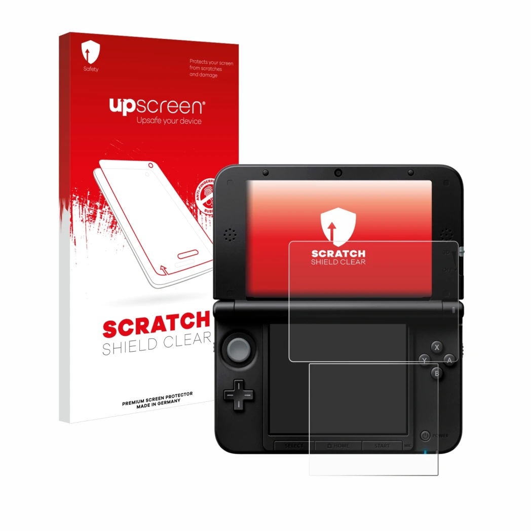 Front side of a product packaging with the brand logo upscreen. Next to it is the device Nintendo 3DS XL SPM7800 shown with th