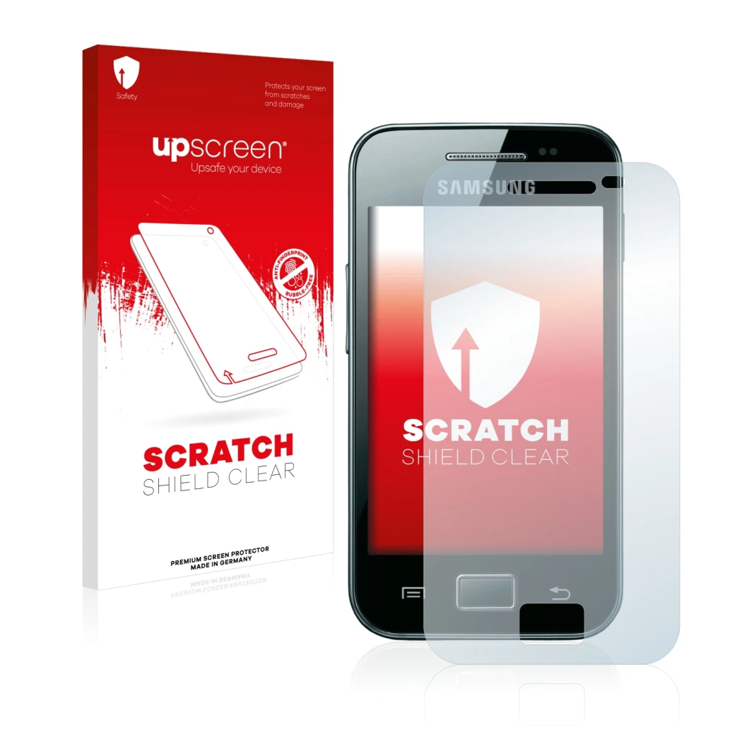 Front side of a product packaging with the brand logo upscreen. Next to it is the device Samsung Galaxy Ace S5830i shown with 