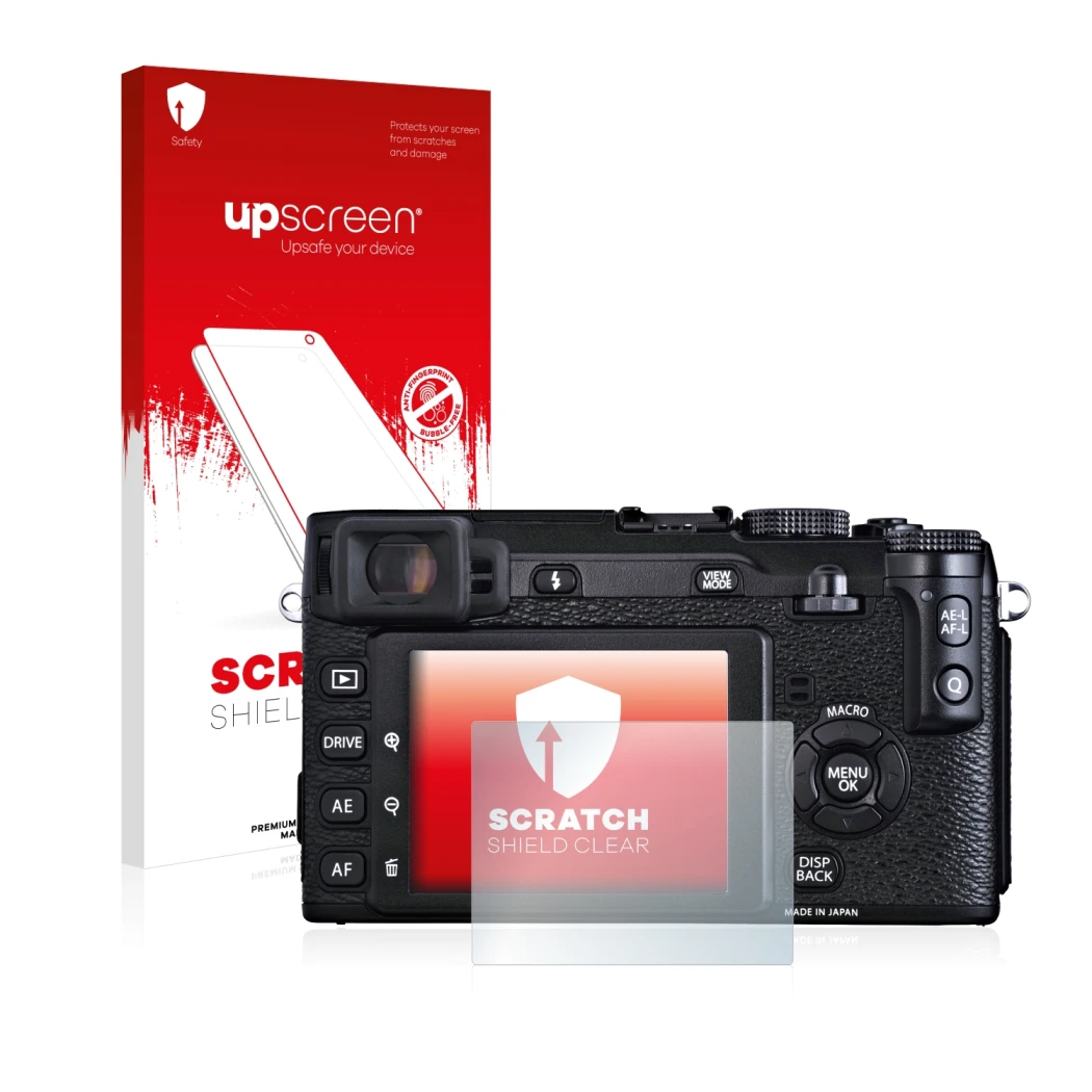 Front side of a product packaging with the brand logo upscreen. Next to it is the device Fujifilm X-E1 shown with the correspo