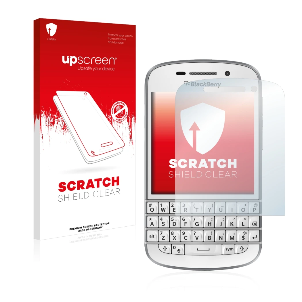 Front side of a product packaging with the brand logo upscreen. Next to it is the device BlackBerry Q10 shown with the corresp