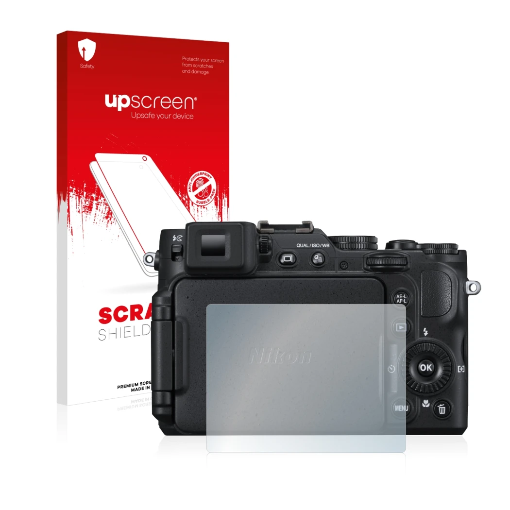 Front side of a product packaging with the brand logo upscreen. Next to it is the device Nikon Coolpix P7800 shown with the co