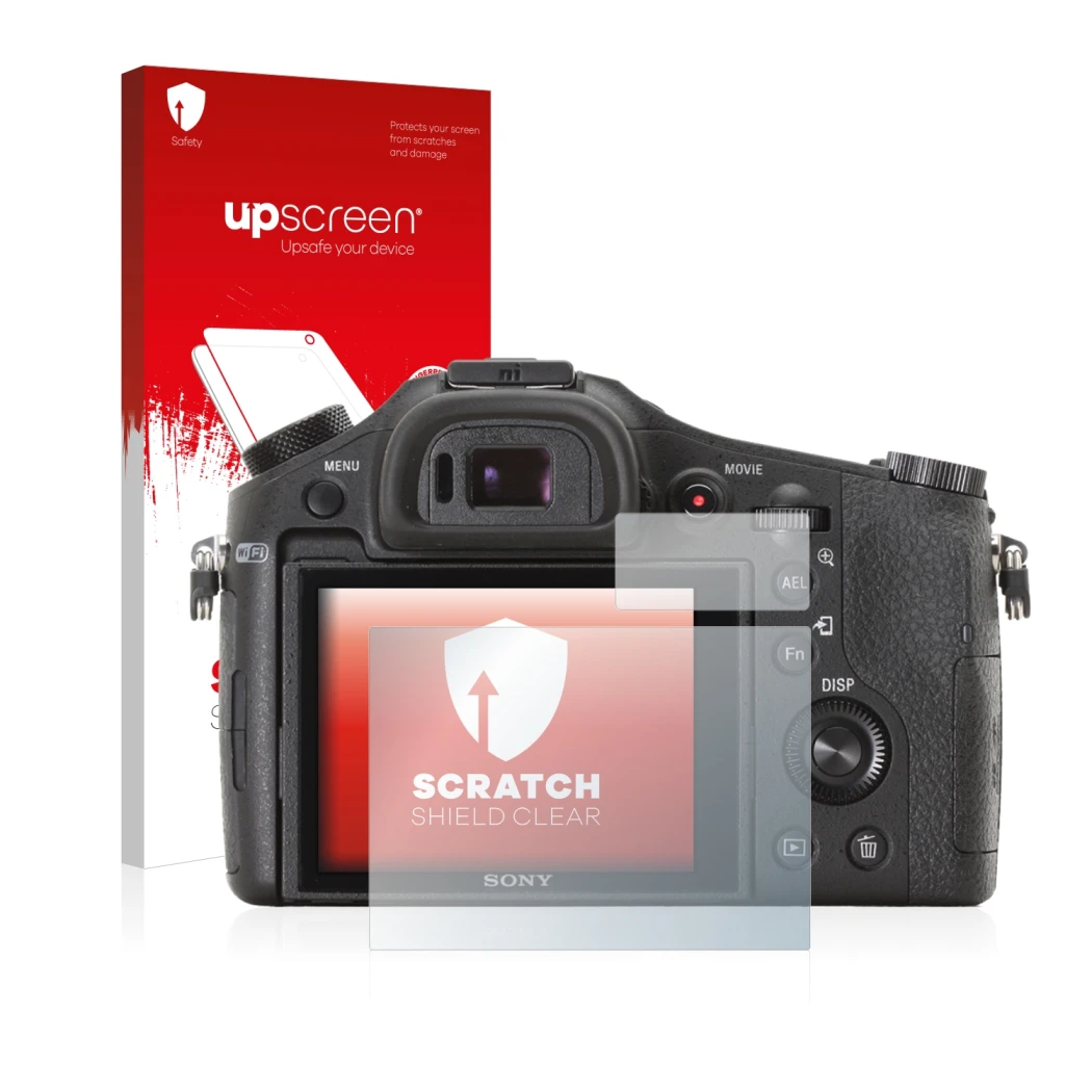 Front side of a product packaging with the brand logo upscreen. Next to it is the device Sony Cyber-Shot DSC-RX10 shown with t