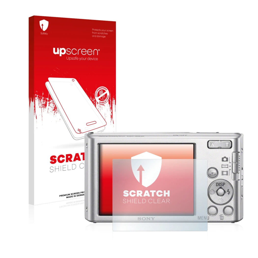 Front side of a product packaging with the brand logo upscreen. Next to it is the device Sony Cyber-Shot DSC-W830 shown with t