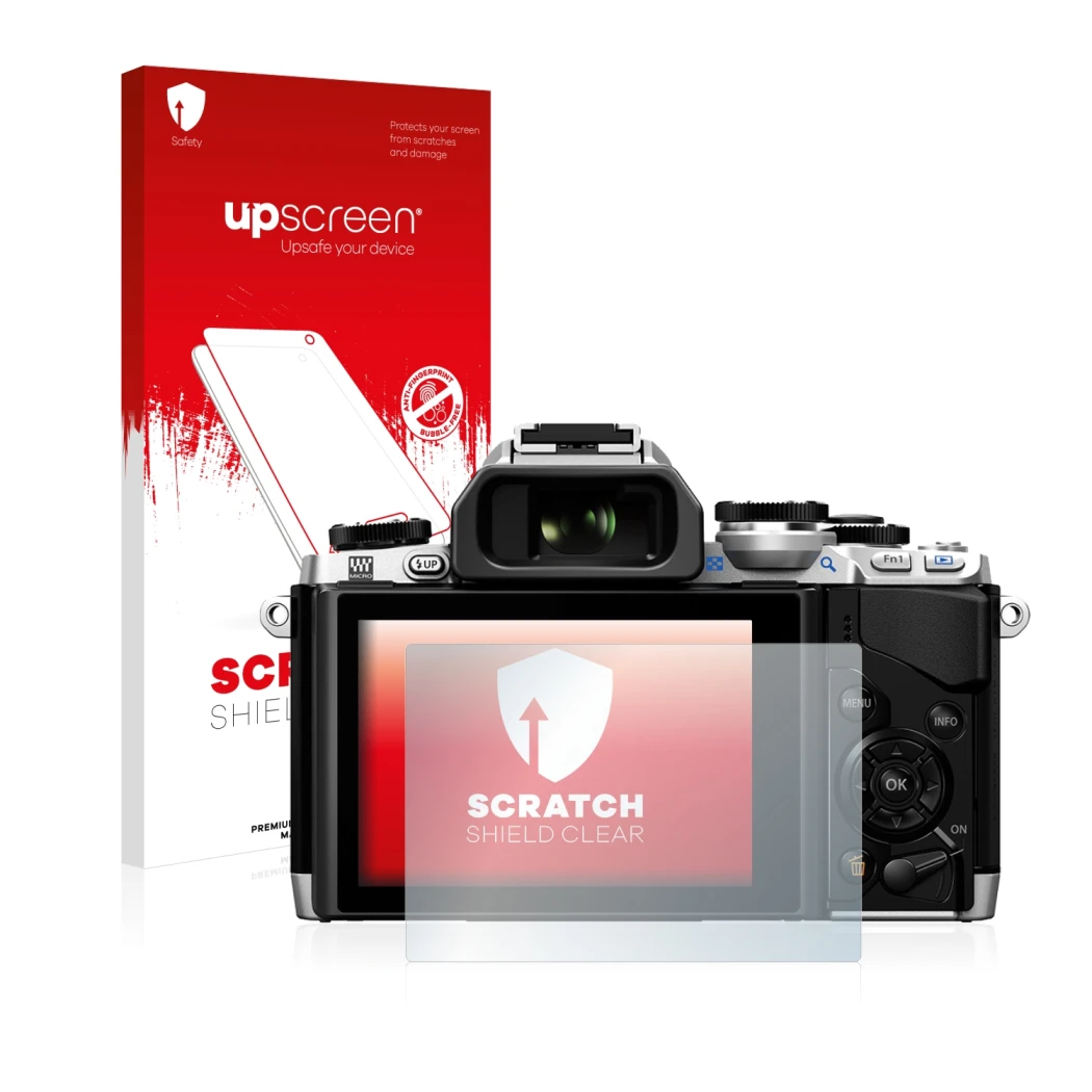 Front side of a product packaging with the brand logo upscreen. Next to it is the device Olympus OM-D E-M10 shown with the cor