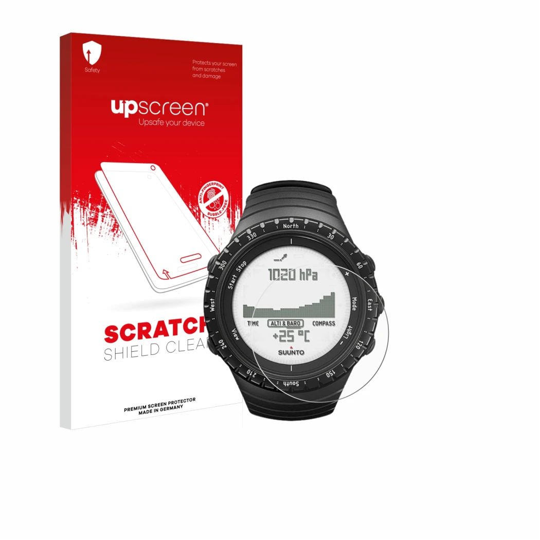 Front side of a product packaging with the brand logo upscreen. Next to it is the device Suunto Core Regular Black shown with 