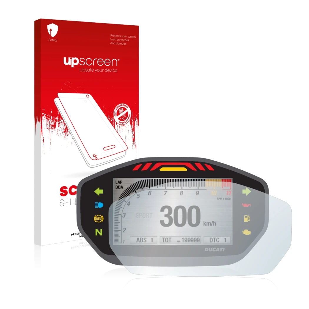 Front side of a product packaging with the brand logo upscreen. Next to it is the device Ducati Monster 1200 Colour-TFT-Displa