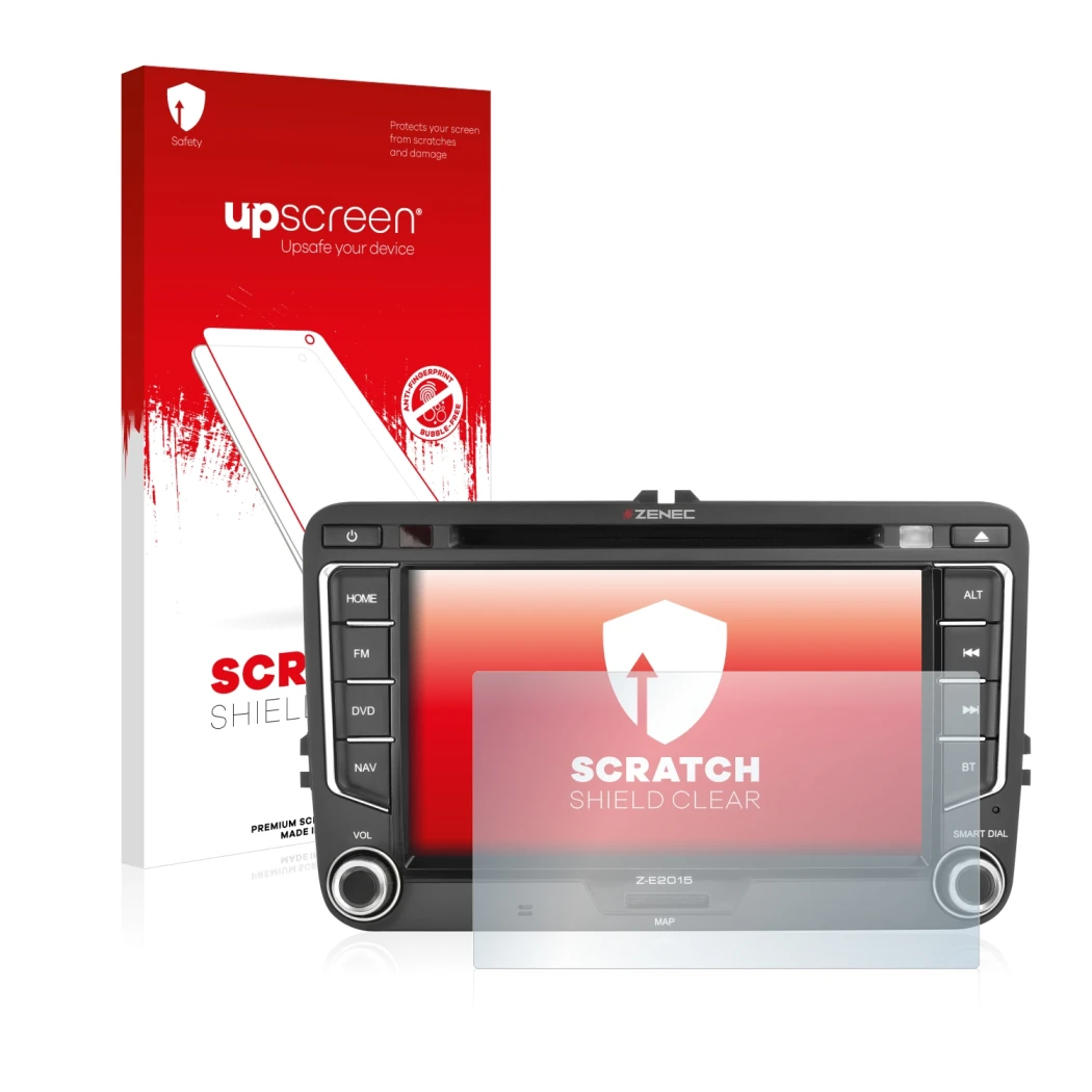 Front side of a product packaging with the brand logo upscreen. Next to it is the device Zenec Z-E2015 shown with the correspo