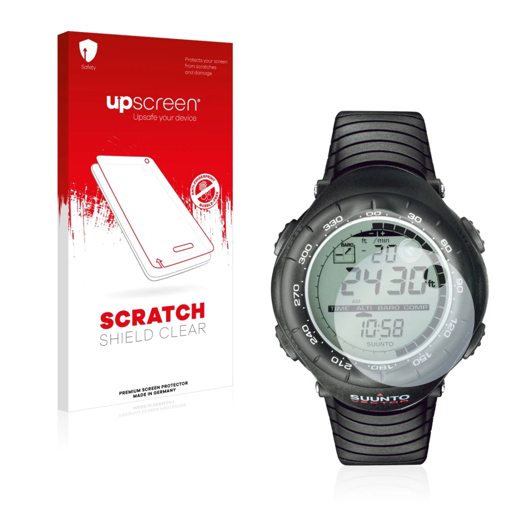 Front side of a product packaging with the brand logo upscreen. Next to it is the device Suunto Vector Black shown with the co