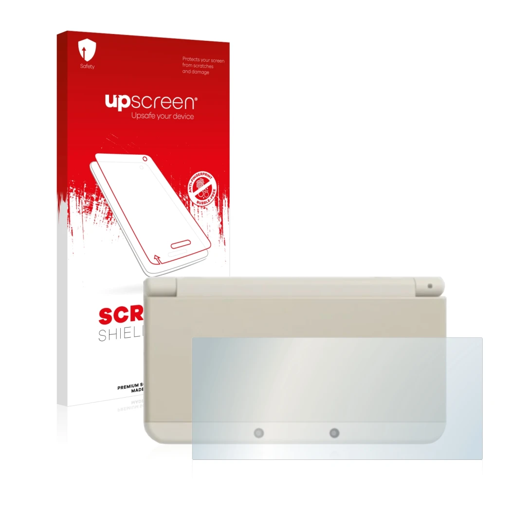Front side of a product packaging with the brand logo upscreen. Next to it is the device Nintendo New 3DS (housing) shown with